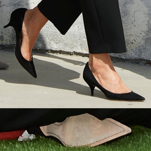 Queen Letizia wears Nina Ricci black suede kitten heel pump 
