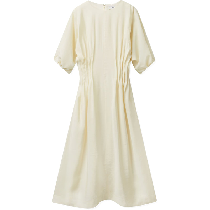 COS Natural Gathered Midi Dress in Light Beige - Queen Letizia Dresses -  Queen Letizia Style