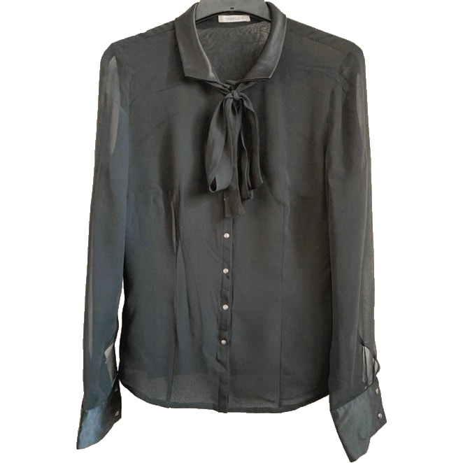 Felipe Varela black tie-neck blouse with metal buttons and sheer long sleeves